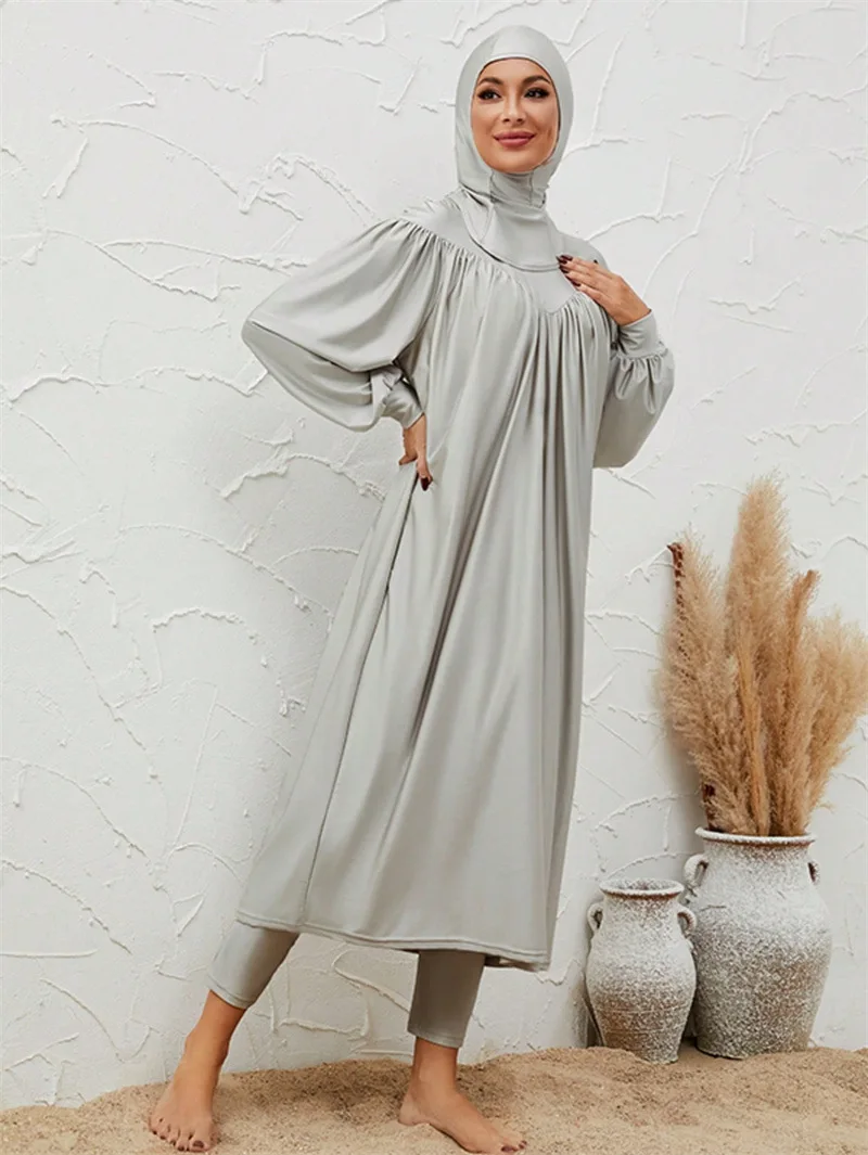 

Исламский женский повседневный купальник из трех предметов: комплект с круглым вырезом, консервативный стиль, брюки с высокой талией, удобные в носке.