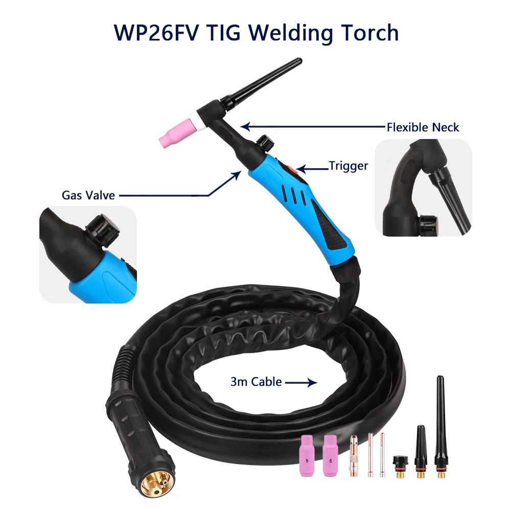 Pistola de soldadura de arco de argón, WP-26 de soldadura de arco de tungsteno, wp-26fv, interfaz europea, WP26, WP26FV, 3m, TIG, 200A