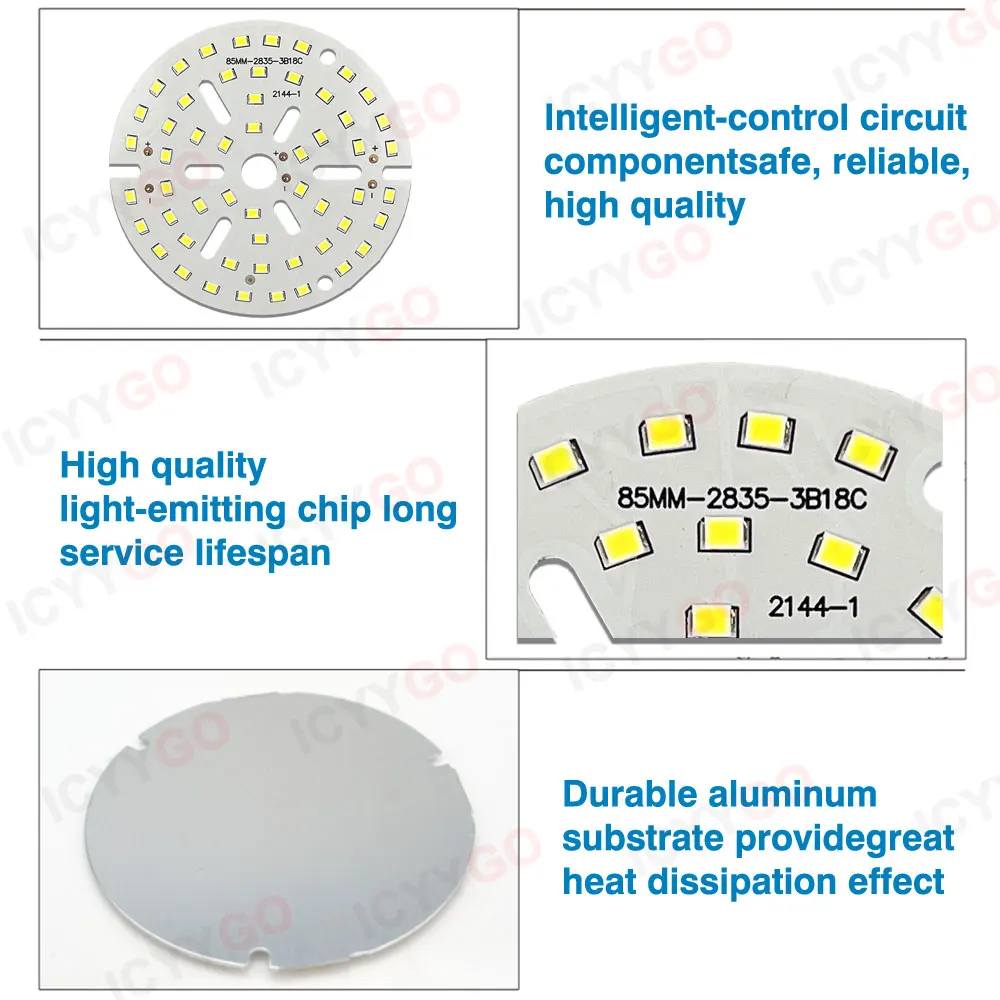 Imagem -03 - Lâmpada Led de Alta Potência Chip Pcb 2835 3w 5w 7w 9w 12w 15w 18w 24w 36w 40 mm 74 mm 85 mm Adequado para Lâmpada Embutida