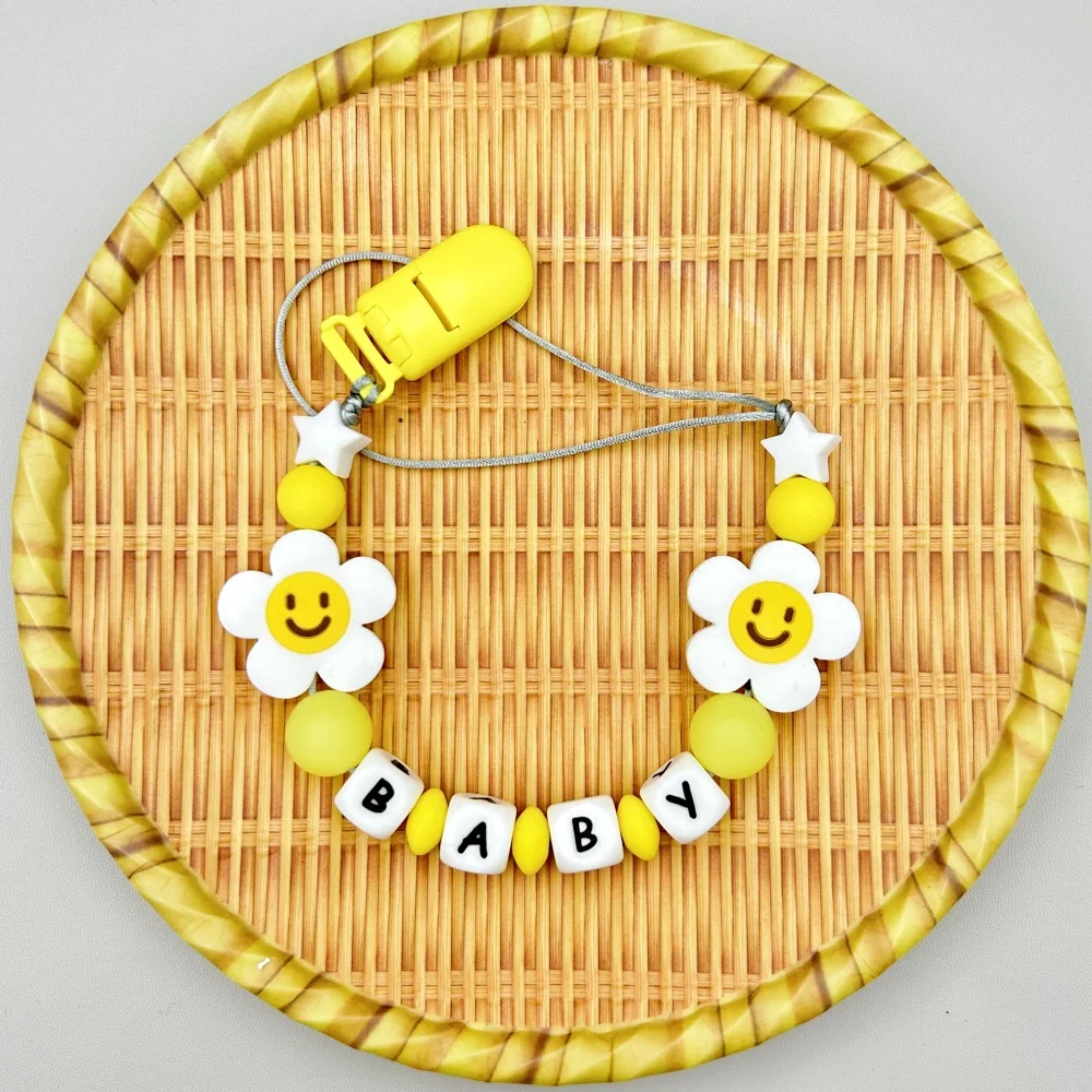 Lettres personnalisées nom bébé fleur Silicone perles lumineuses pendentif sucette Clips chaînes support anneau de dentition bébé Kawaii jouet cadeaux