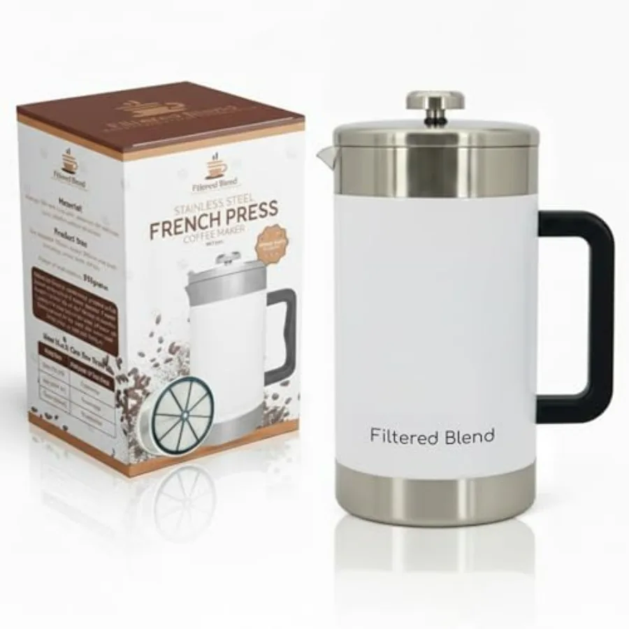 

1.6L French Press Coffee Maker Large Ccity Stainless Steel Brewer with Double Filter Mesh Hot Cold Brew White