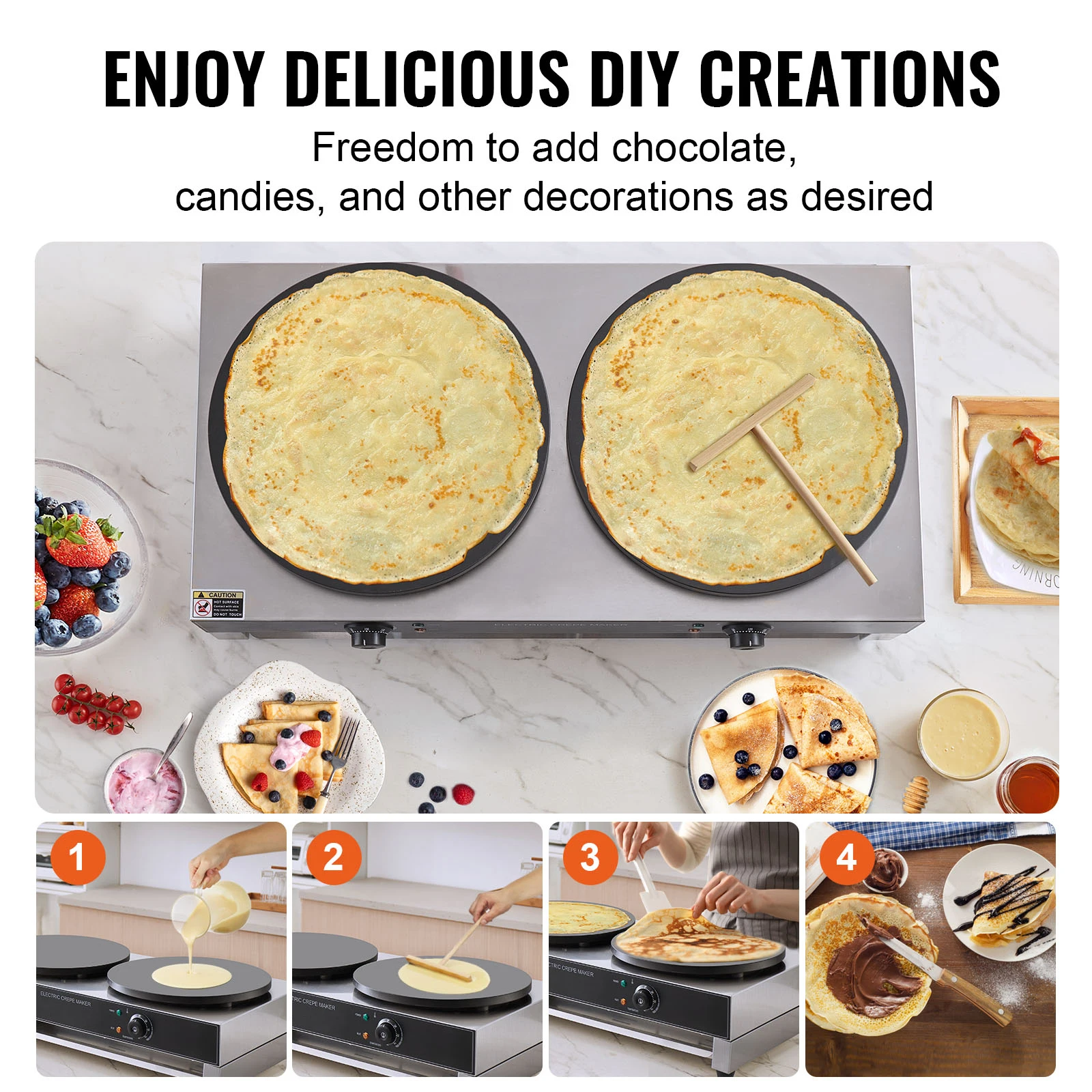 SucceBuy 16in Máquina de Crepe Elétrica Cabeça Dupla Máquina de Crepe Comercial Placa Plana Chapa de Crepe Cereais de Mesa Fogão de Panqueca