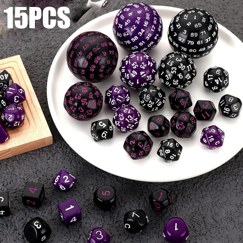 

15Pcs/Set Polyhedral Dice D3-D100 Spherical 100 Sides Dices RPG Complete DND Opaque Black Role Playing Table Party Board Game
