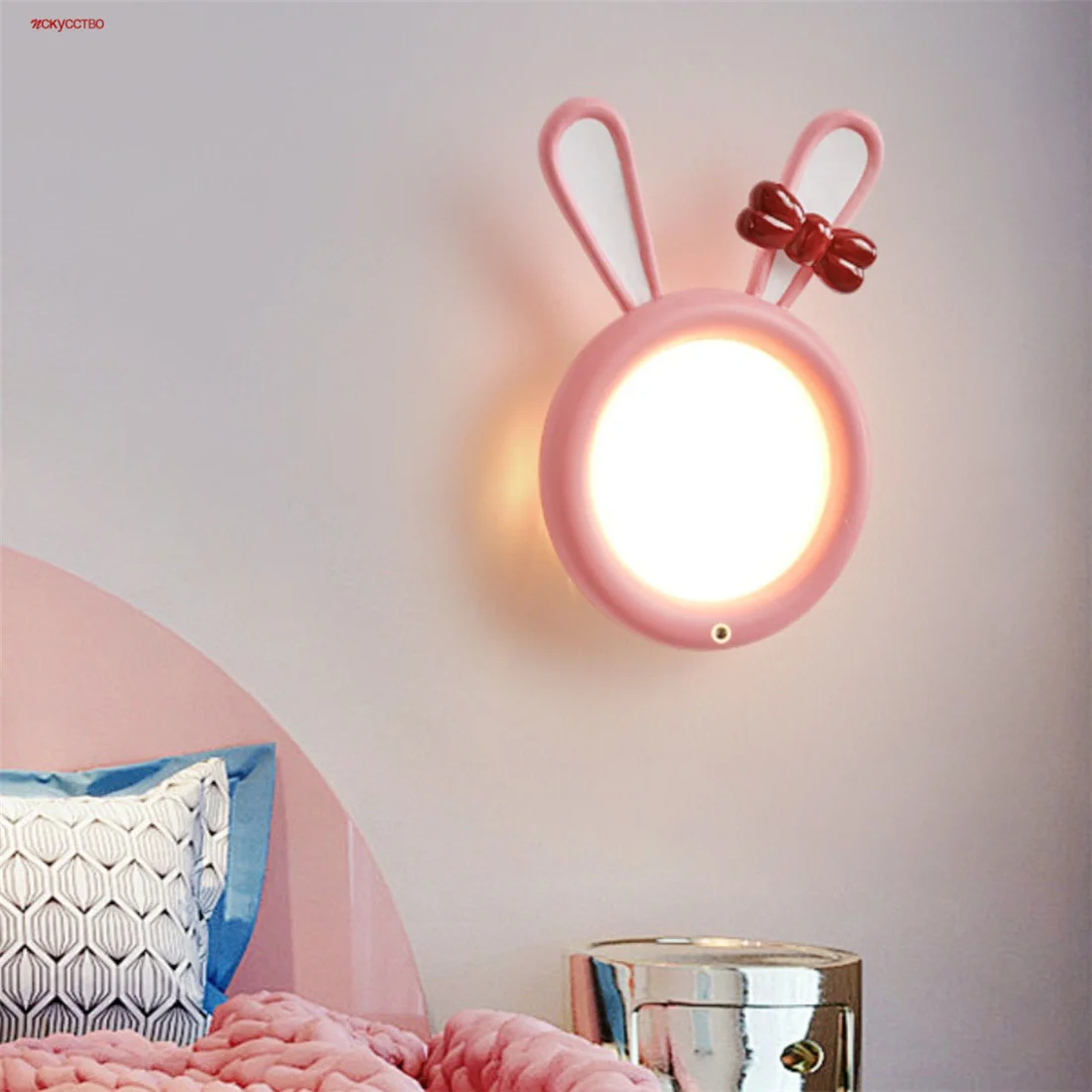 

Cute Rabbit Ear Bow Pink White Led Wall Lamp With Cable Switch For Kids Bedroom Bedside Study Foyer Sofa Reading Night Lights