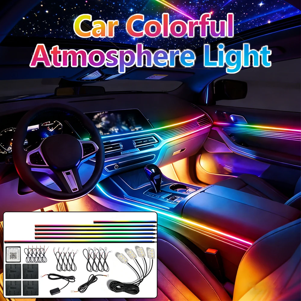 

Комплект RGB-подсветки для автомобиля 18-в-1, 64 цвета, динамическая музыкальная подсветка с управлением через приложение, скрытая акриловая неоновая лента для интерьера автомобиля