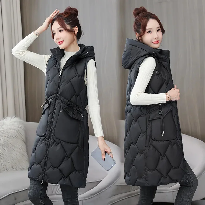 2024 Women Vest Hooded Jacket Coat Sleeveless Autumn Winter Vest For Female Long Cotton Padded Vest Jacket Snow Wear Waistcoat