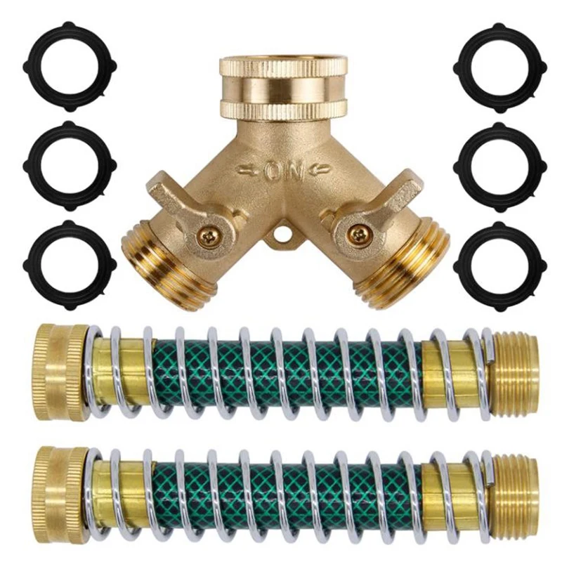 

3/4Inch 2-Way Hose Distributor,2-Way Garden Hose Connector,With 2 Garden Hose Coil Spring Protectors & 6 Rubber Washers