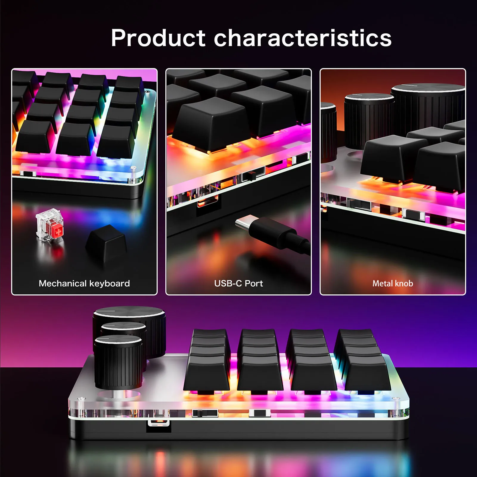 Game Volume Control Keyboard Customizable Programming Keyboard 16 Keys 3 Knobs USB Wired Volume Control Gaming Keypad