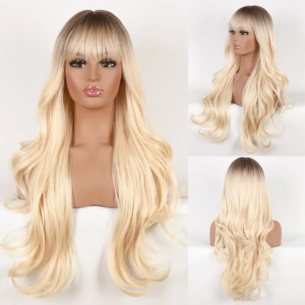 

Long Body Wavy Ombre Brown Blonde Synthetic Wigs with Bangs for Women Daily Use