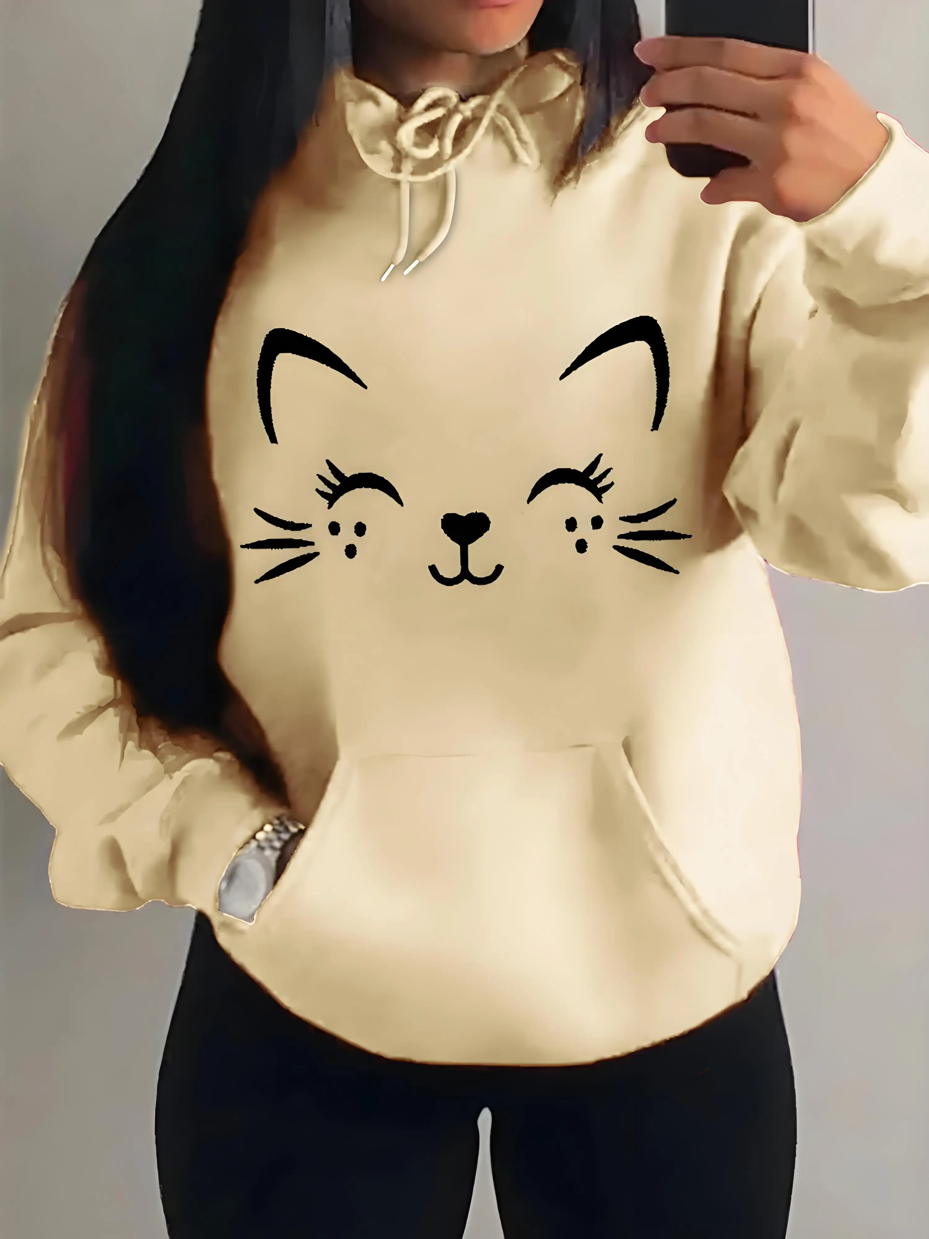 Women's Autumn Winter Hoodie Happy Cat Pattern Casual Street Wear Hip Hop Trendy Fashion Sweatshirt Sportswear