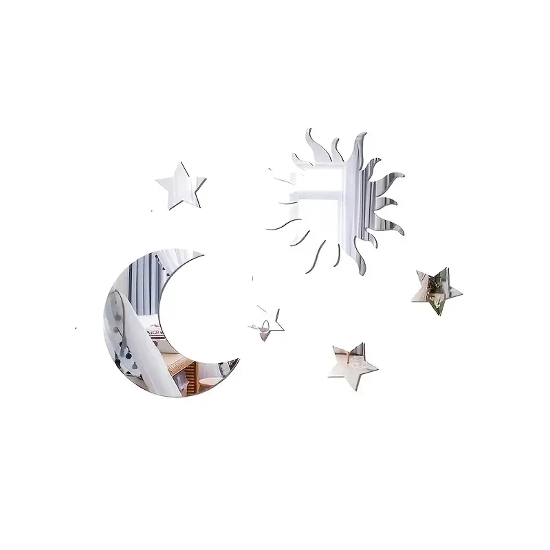 6pcs Star & Moon Combination Mirror Wall Sticker for Bedroom and Living Room - Ramadan Kareem, Holiday, Birthday Party Supplies,