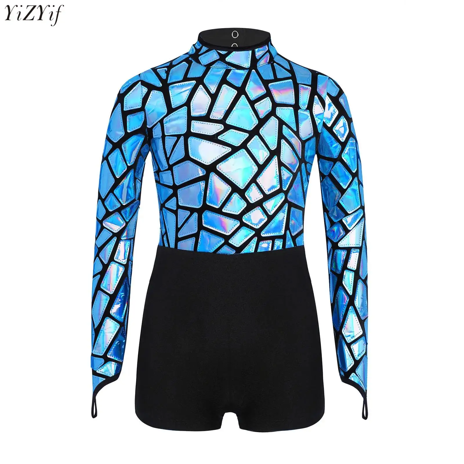 بدلة قفز عصرية للأطفال البنات مزينة بالترتر المعدني ورقبة وهمية وأكمام طويلة وفتحة خلفية لمسابقات أداء رقص الجاز