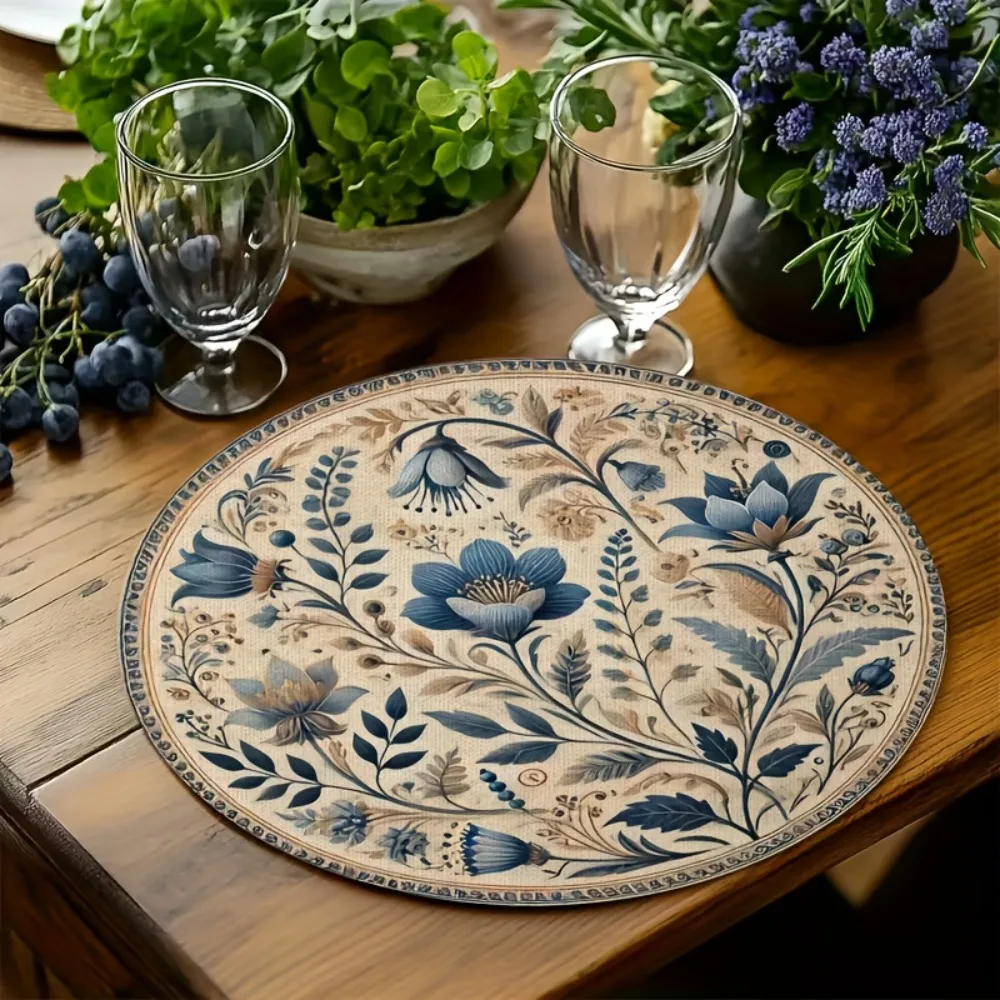 Embroidery Floral Table Placemat Heat Insulation Anti-scald Flower Linen Table Mat Middle East Style Coaster Round Dining Mat