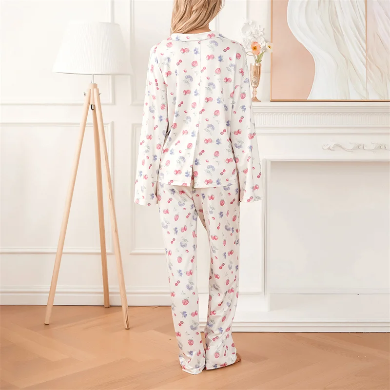 Women Sleepwear Loungewear Loose 2 Pieces Print Sweet Long Sleeve Lapel Neck Shirt Tops and Elastic Waist Pants Pajamas Set