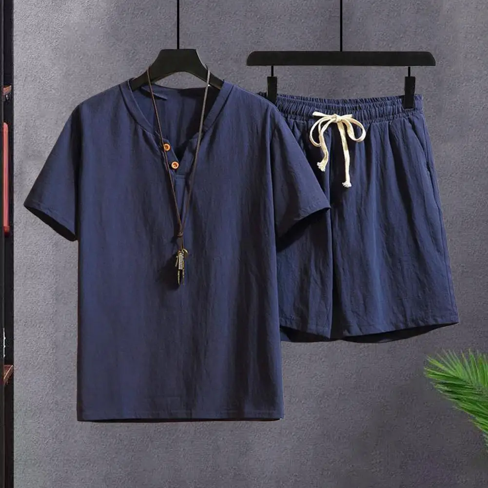 Men's Casual V-neck Button-down Short-sleeved T-shirt Elastic Waist Shorts Suit Solid Color Sportswear