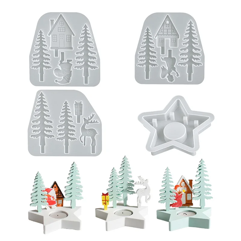 

4pcs DIY Epoxy Christmas Tree, Reindeer & Angel Sign Mold with Star Candle Holder for Plaster Craft - Silicone Mold