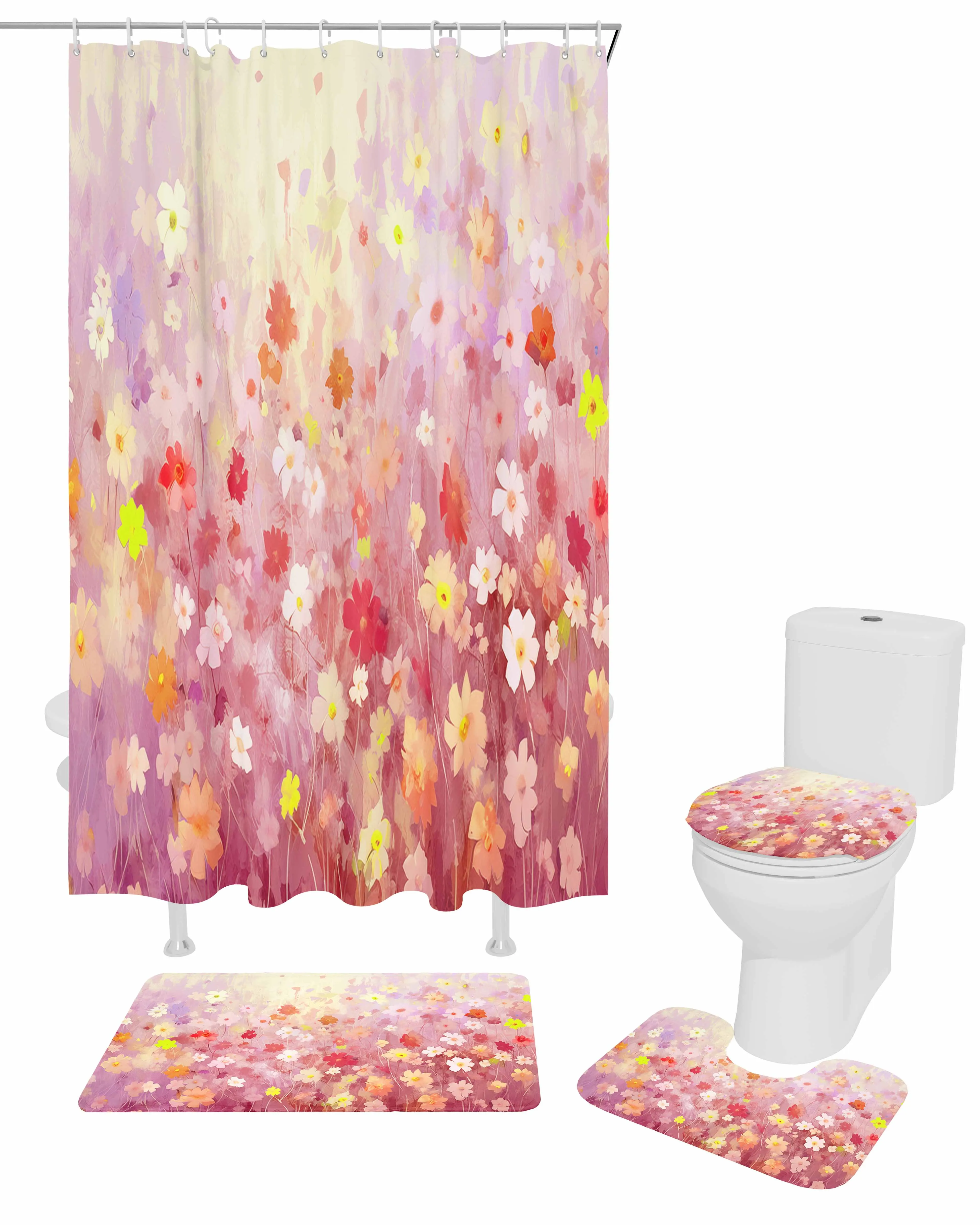 Spring Flowers Daisy Oil Painting Abstract Shower Curtain Non-Slip Rugs Toilet Lid Cover and Bath Mat Bathroom Curtains