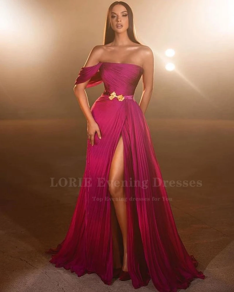 Lorie Eenvoudige Fuchsia Lange Mermaid Avondjurken Strapless Tulle Een Mouwen Arabië Formele Prom Jassen Prom Party Dress Vestidos