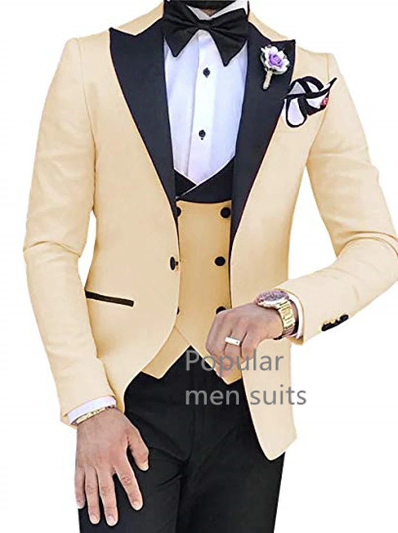 New Men Casual Boutique Business Slim Solid Color Formal Suit 3 Pcs Set Dress Peak Lapel One Button Blazers Jacket Pants