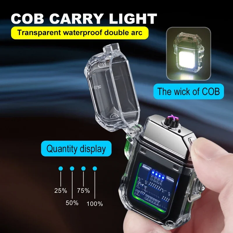 Electric Waterproof Digital Display Lighter, Transparent Plasma, Windproof, Flashlight, Double Arc Lighter, Outdoor Camping