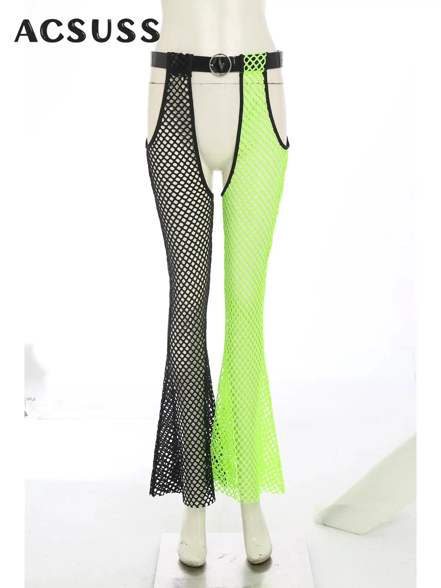 

Womens Sexy See Through Fishnet Mesh Chaps Flare Pants Hollow Out Crotch Cover Up Trousers with Waist Belt Rave Party Clubwear