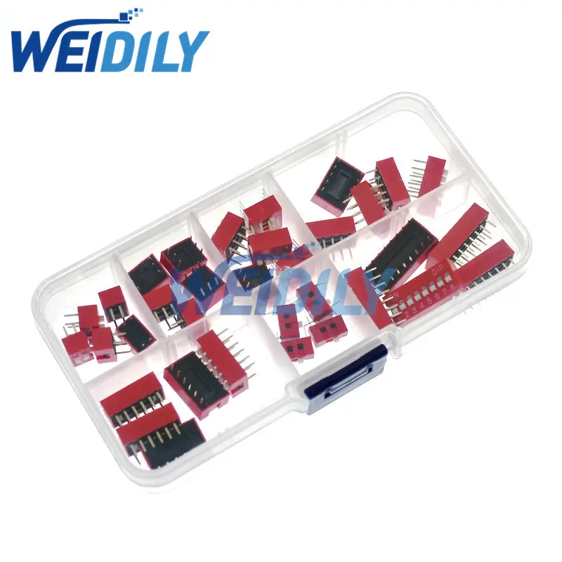 35 pces dip switch kit na caixa 1 2 3 4 5 6 8 way 2.54mm interruptor de alternância vermelho snap switches kit misto cada 5 pces conjunto combinação