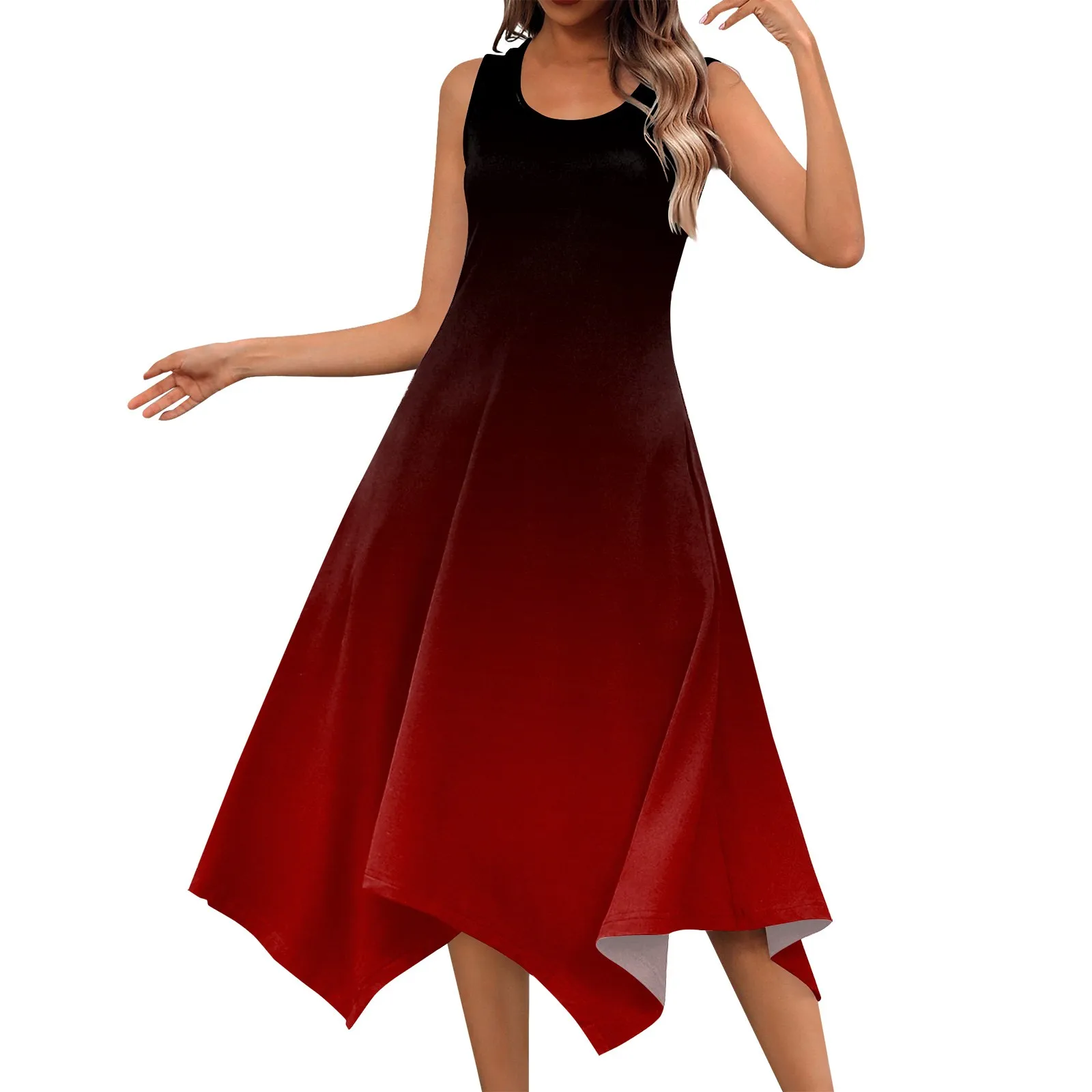 Abito da donna di colore sfumato moda semplice Casual abito da vacanza al mare girocollo senza maniche abito con orlo irregolare con tasche