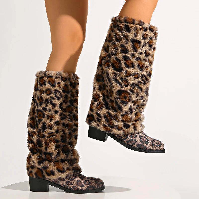 

Высокие сапоги с леопардовым принтом на меху, женские короткие плюшевые модные ботинки на высоком каблуке, зимние теплые женские длинные сапоги, 2024, брендовая зимняя обувь Botas Goth