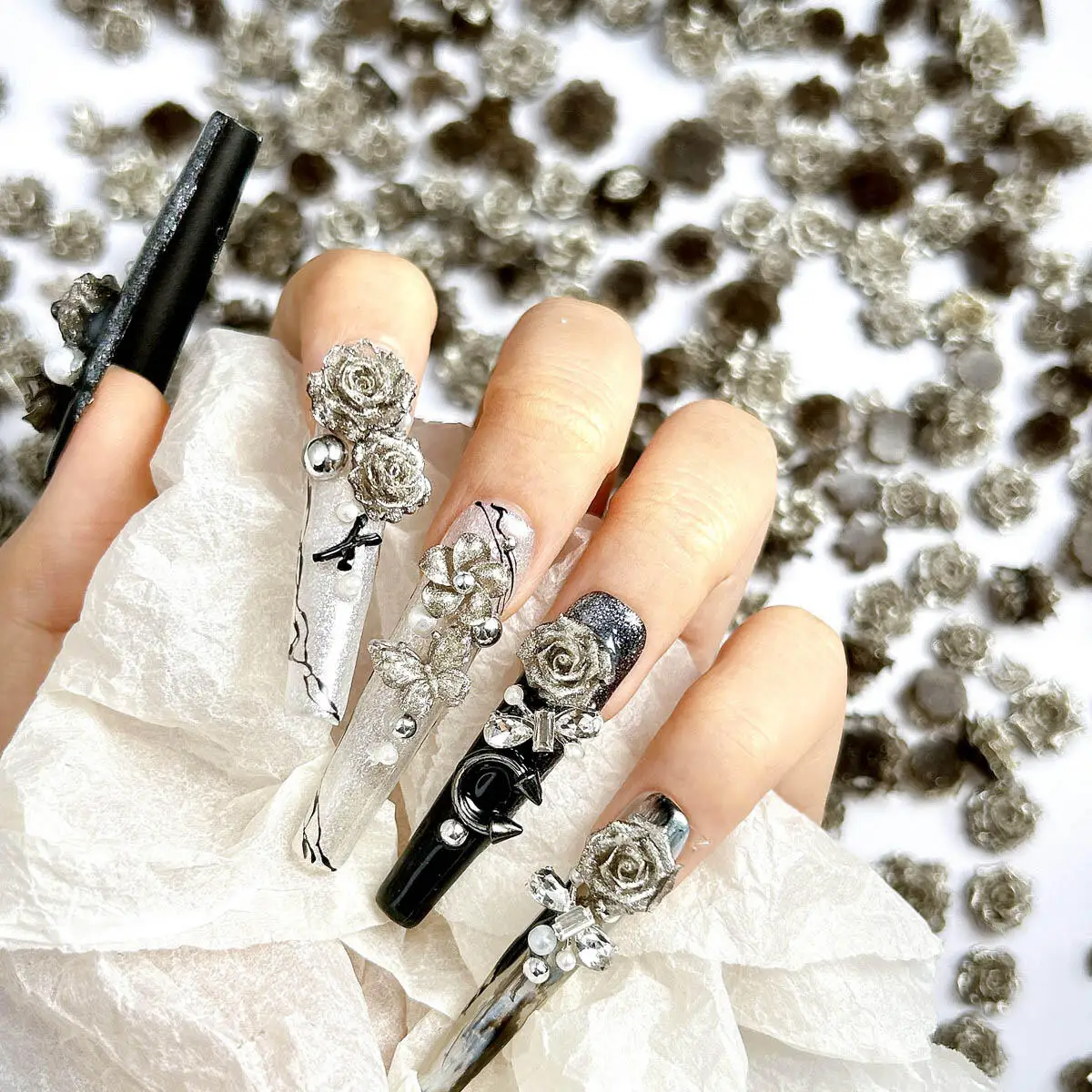 Encantos de uñas de flor gris con purpurina de Hada de resina 3D, estilos luminosos varios, flor de resina mixta, decoración artística de uñas, piezas de manicura DIY