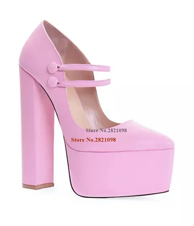 

Pink Leather Platform Mary Jane Pumps Pointed Toe Women's High Heel Shoes Button Closure Block Heeled Ladies Party Shoe