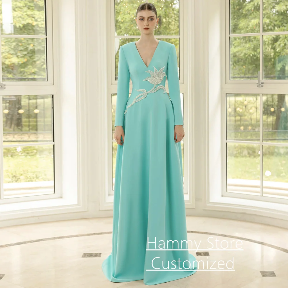 

Pearls Evening Dress Robe De Soiree Customized Long Sleeves V Neck Sequined A Line Dancing Party Gown Formal Prom Dresses