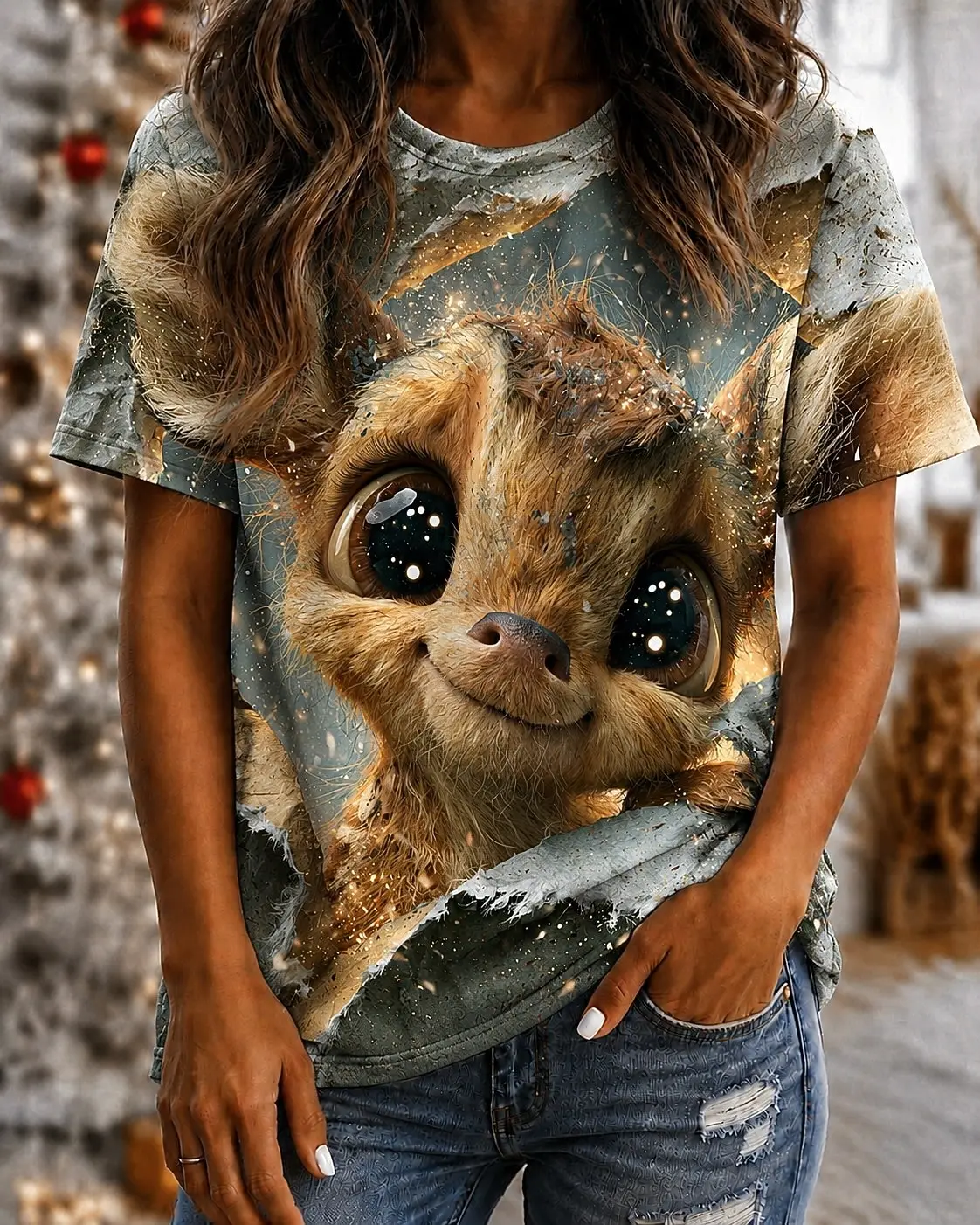 Women's Spring Summer 3D Printed Crew Neck T Shirt, Starry Blue Ripped Paper Big Eye Deer Cute Cartoon Healing Daily Top