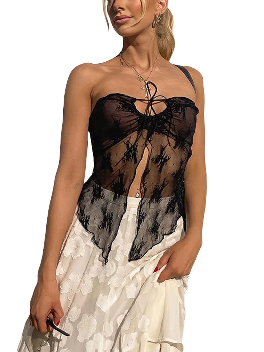 

Women Lacing Patchwork See-through Slit Lace Tube Top Ladies Summer Strapless Backless Vest for Club Party
