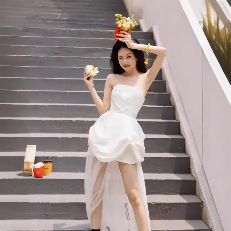 ชุดราตรีสีขาวแบบฝรั่งเศส, ชุดแต่งงานแบบเบา, ถ่ายภาพงานเลี้ยง, ถ่ายภาพตอนเช้า, ผ้าคลุมหน้าแบบกลางแจ้ง, ชุดราตรี