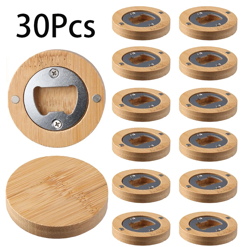 

30Pcs Round Natural Bamboo Beer Bottle Opener Creative Cocktail Drinks Openers With Magnetic Fridge Magnet Kitchen Accessories