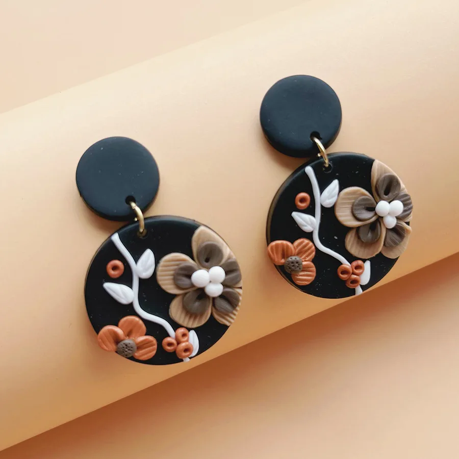 Japanese and Korean new niche design printed earrings women's handmade soft pottery geometric earrings literary and retro stud e