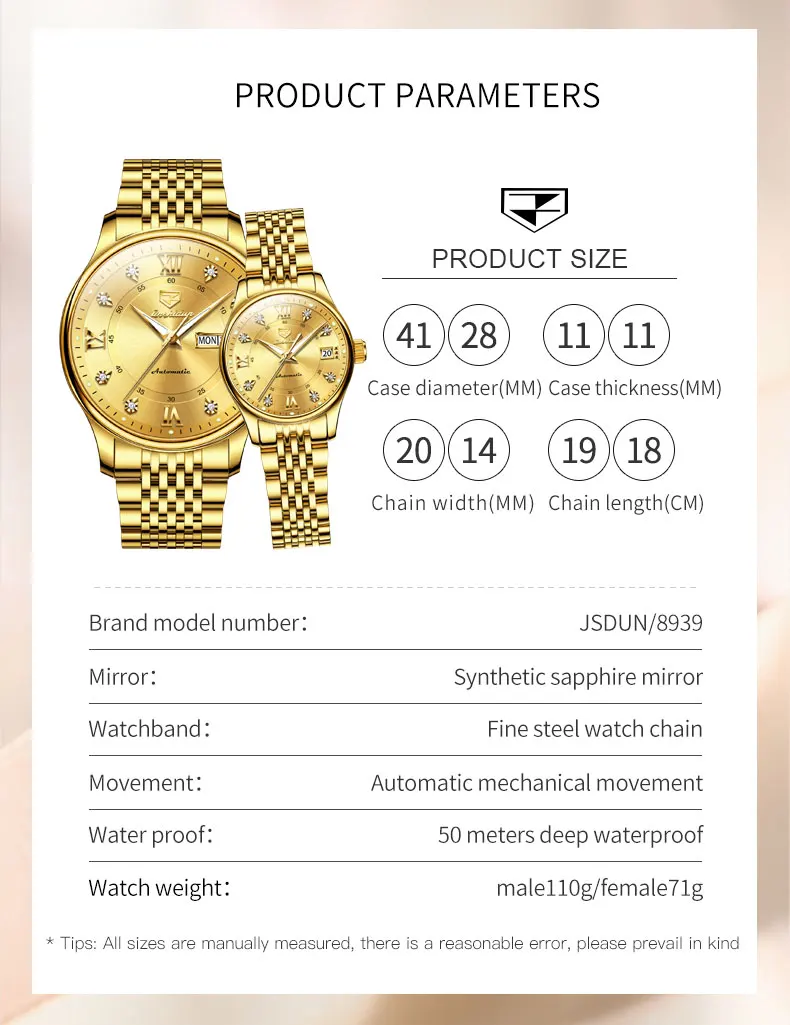 JSDUN-reloj mecánico de acero inoxidable para hombre y mujer, cronógrafo de mano Original con fecha automática, escala romana, resistente al agua, 8939