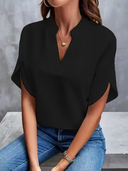 VEITCHE Summer Women Casual Solid Blouse Women Fashion V-neck Half Sleeve Shirts Office Elegant Pullover Loose Blusas Tops 4