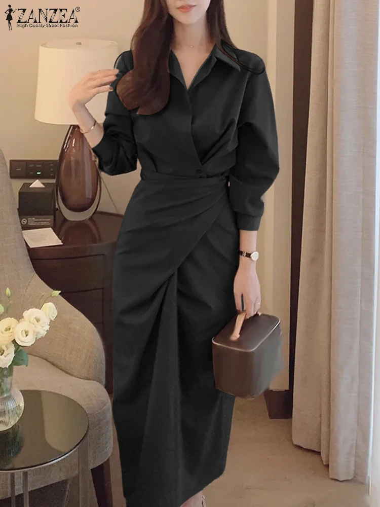 فستان قميص نسائي للخريف من ZANZRA فستان صيفي أنيق غير رسمي على الطراز الكوري 2025 بأكمام طويلة ورقبة على شكل طية صدر السترة