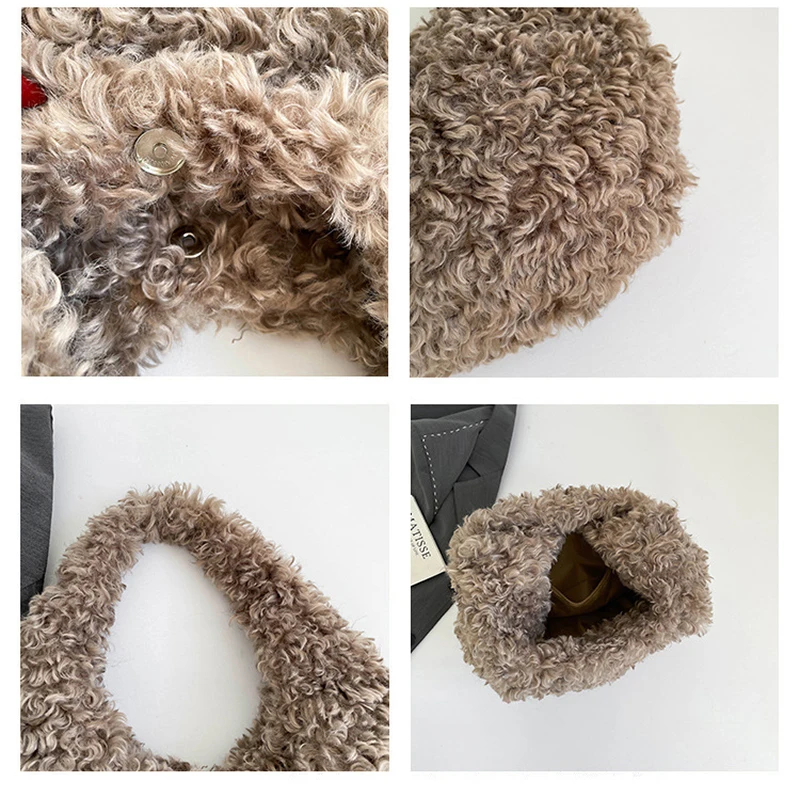 Flauschige, lockige Kunstfell-Hobo-Schultertasche, Plüsch-Halbmond-Unterarmtasche, weiche Teddy-Fuzzy-Halbmond-Handtasche, warme Winter-Handtasche für Damen – Detail 5