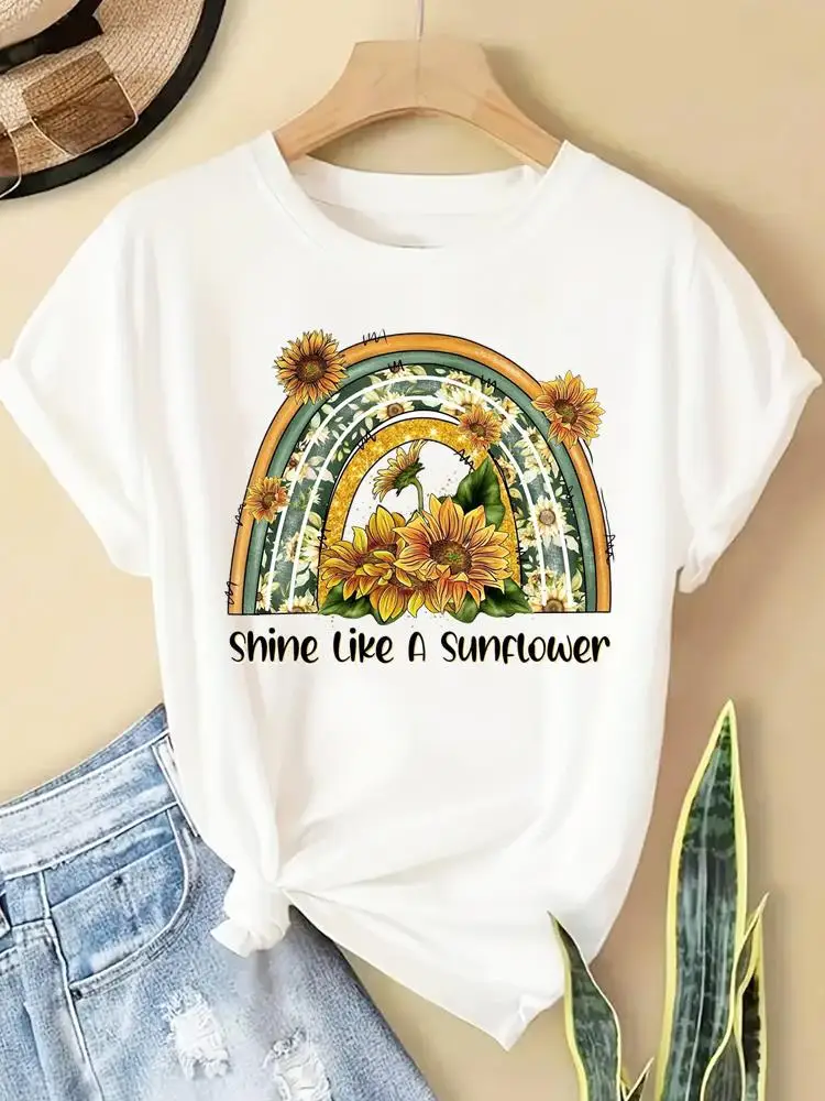 جميل زهرة نمط لطيف طباعة عادية T السيدات شعبية س الرقبة موضة الملابس تيز المرأة الجرافيك تي شيرت ملابس قصيرة الأكمام