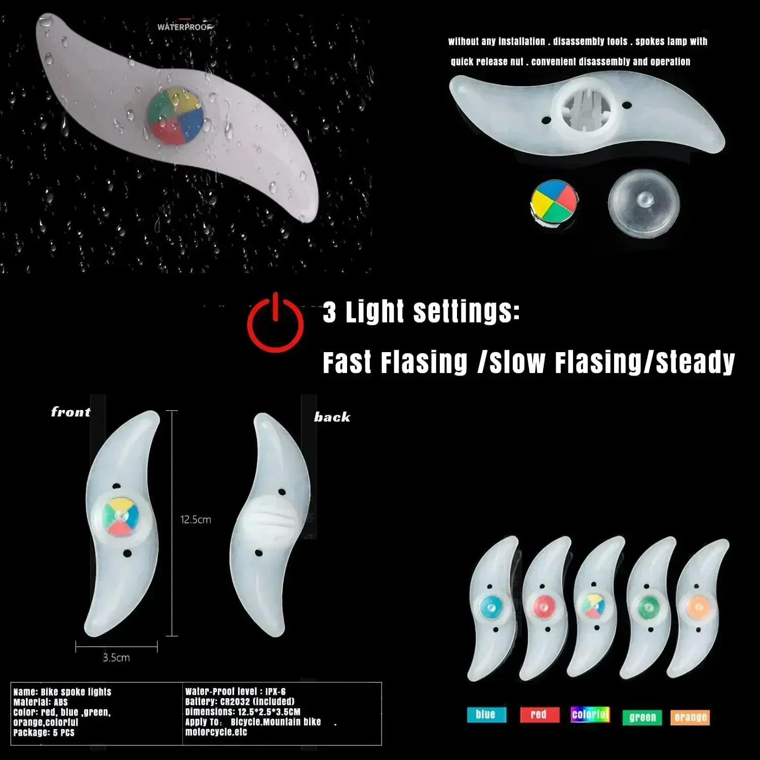 Lampu roda sepeda LED tahan air, lampu dekorasi sepeda peringatan bersepeda malam hari 3 mode