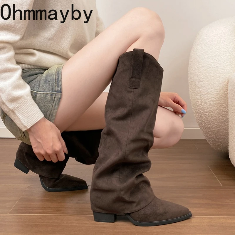 

Модные винтажные плиссированные женские сапоги до колена, модные туфли без шнуровки с острым носком, осень-зима, длинные рыцарские туфли на толстом каблуке