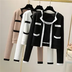 Contrast Color Knitted Cardigan Coat Long Sleeve O-Neck Sweater Jacket Women's 2023  New Autumn Vest Top Two-piece Set