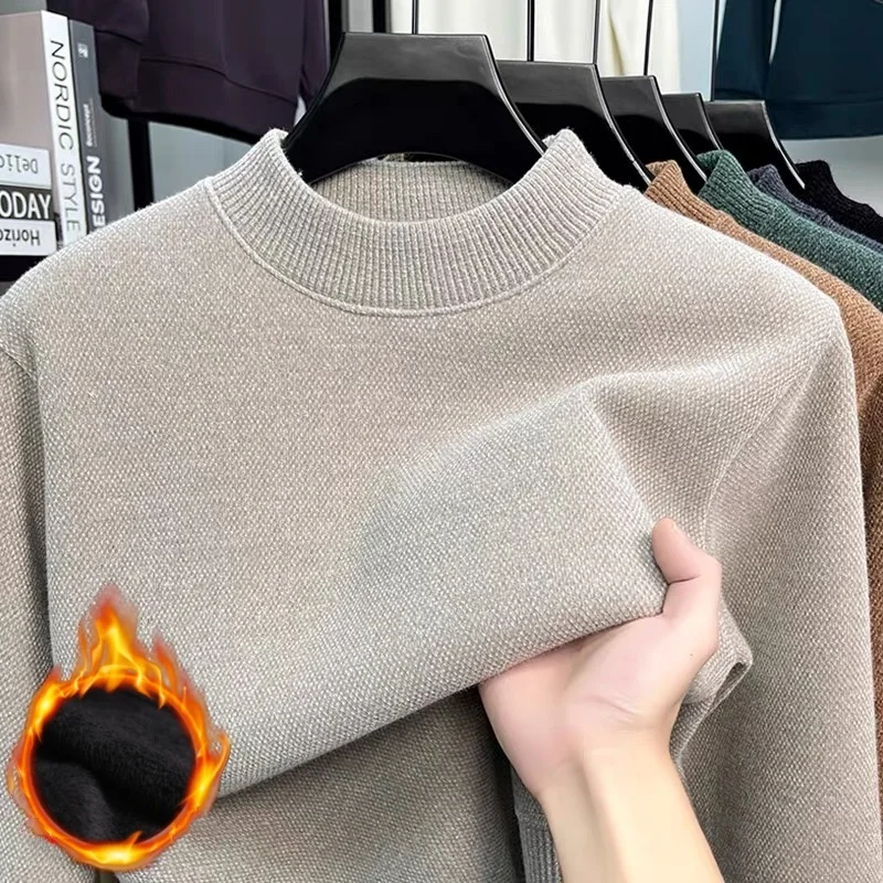 

High end brand velvet men's new original fashion design hot selling solid color winter thick warm round neck top knitted sweater
