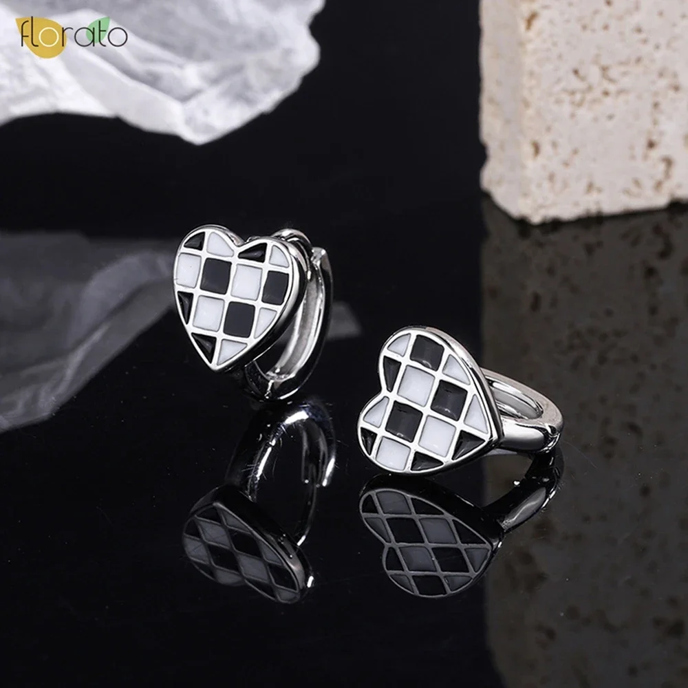 Pendientes de aro de Plata de Ley 925 para mujer, aretes de diseño de tablero de ajedrez blanco y negro clásico, joyería de moda