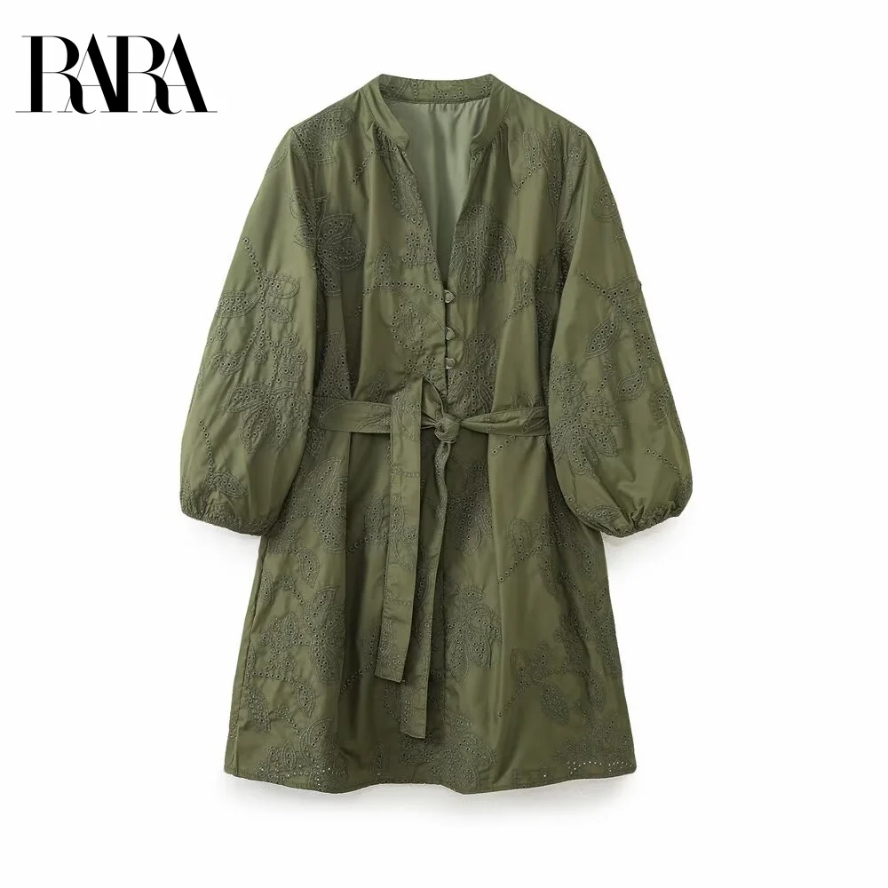 

RARA 2025 Womens Midi Dress Stand Collar Puff Sleeve Lace Embroidery Design Belted Waist Stylish for Daily and Special Occasions