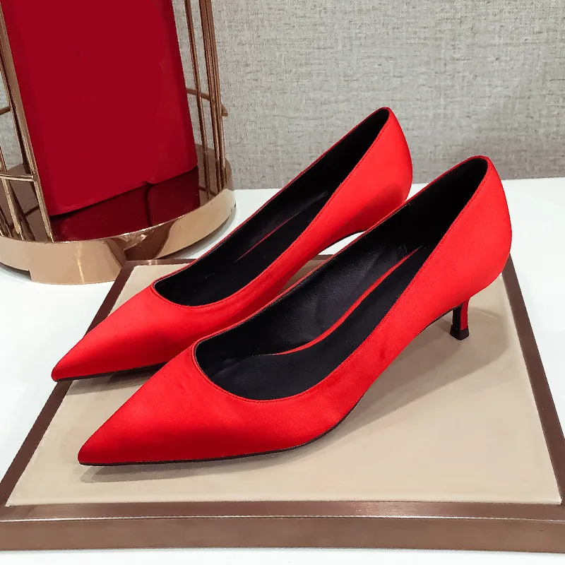 Ladies Silk Female Thin High Heel Work Party Pumps Women Pointed Toe Fashion Woman Red Black Formal Green Blue Yellow Shoes A005