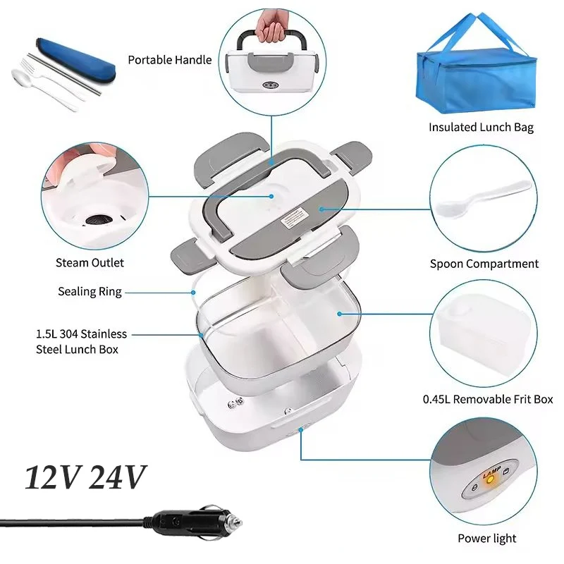 Stainless Steel 12V 24V Electric Heating Lunch Box Car Truck Drivers Picnic Camping Portable Thermostatic Food Warmer Container