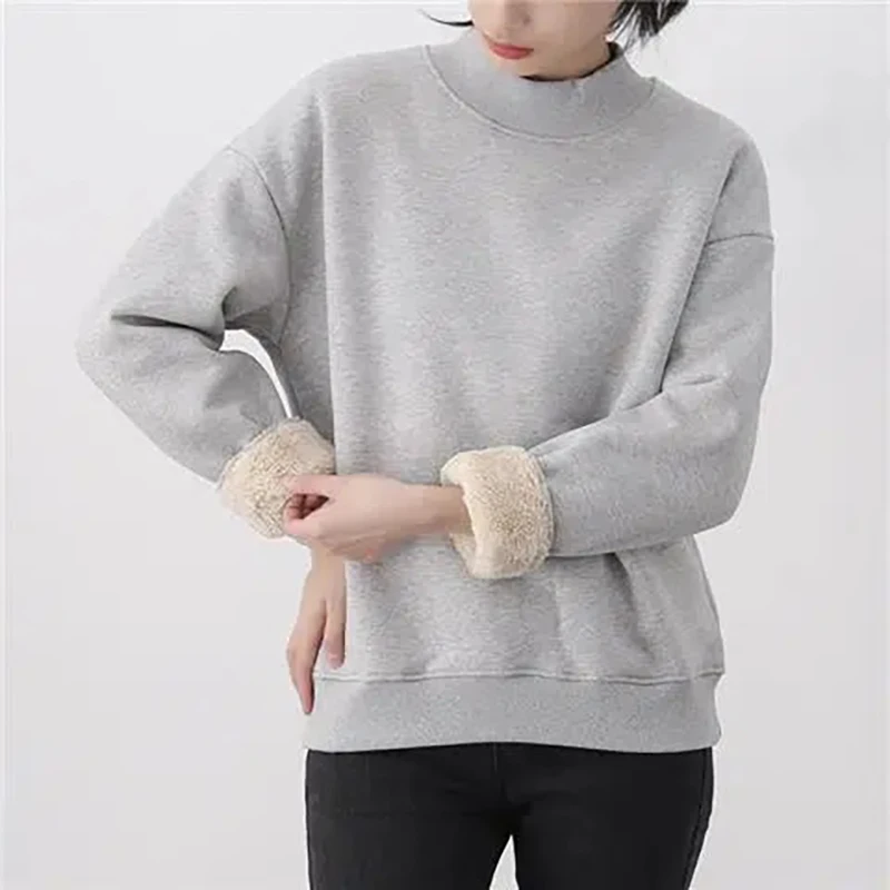 Lamb Wool M-4xl Warm Solid Color Simple Sweatshirts Women Autumn Winter Plus Velvet Loose O-neck Top 2023 New Sudaderas Outwear